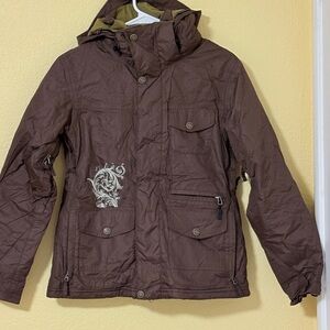 Sims Women Ski Jacket Brown Insulated Winter Coat Hooded XS Embroidered